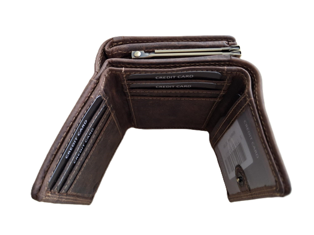 OI Hunter bruine lederen knipportemonnee medium voor veel pasjes / dames portemonnee met beugelsluiting / dames Trifold beurs met kleingeldvak met beugelsluiting / RFID SAFE / Hunter bruin / 158H