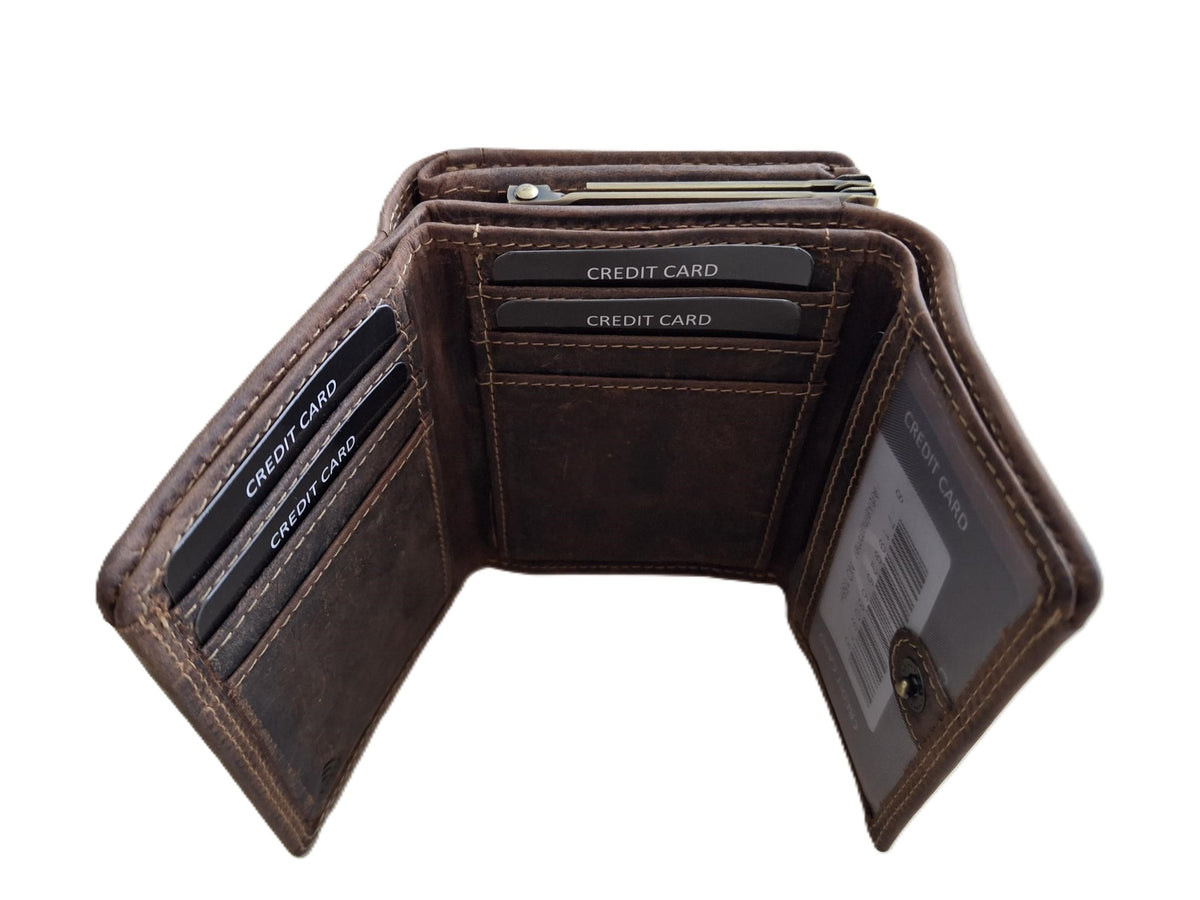 OI Hunter bruine lederen knipportemonnee medium voor veel pasjes / dames portemonnee met beugelsluiting / dames Trifold beurs met kleingeldvak met beugelsluiting / RFID SAFE / Hunter bruin / 158H