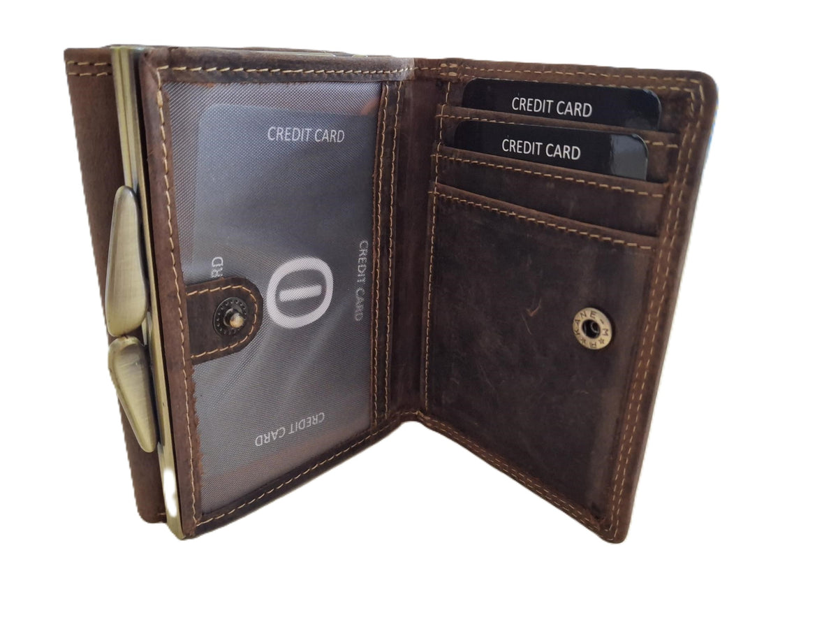 OI Hunter bruine lederen knipportemonnee medium voor veel pasjes / dames portemonnee met beugelsluiting / dames Trifold beurs met kleingeldvak met beugelsluiting / RFID SAFE / Hunter bruin / 158H