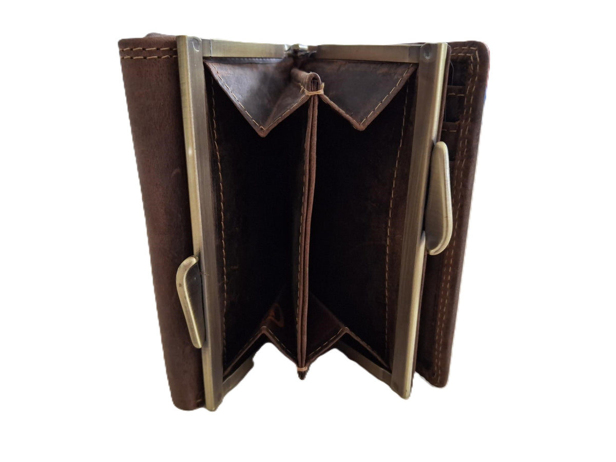 OI Hunter bruine lederen knipportemonnee medium voor veel pasjes / dames portemonnee met beugelsluiting / dames Trifold beurs met kleingeldvak met beugelsluiting / RFID SAFE / Hunter bruin / 158H