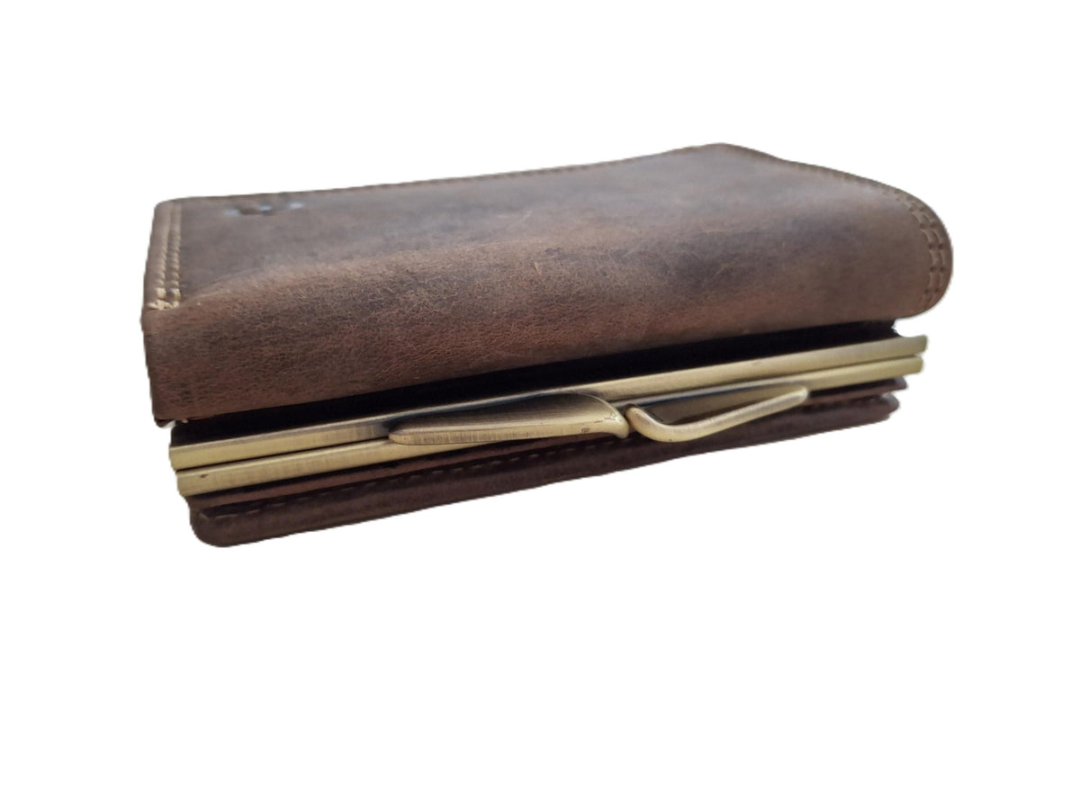 OI Hunter bruine lederen knipportemonnee medium voor veel pasjes / dames portemonnee met beugelsluiting / dames Trifold beurs met kleingeldvak met beugelsluiting / RFID SAFE / Hunter bruin / 158H