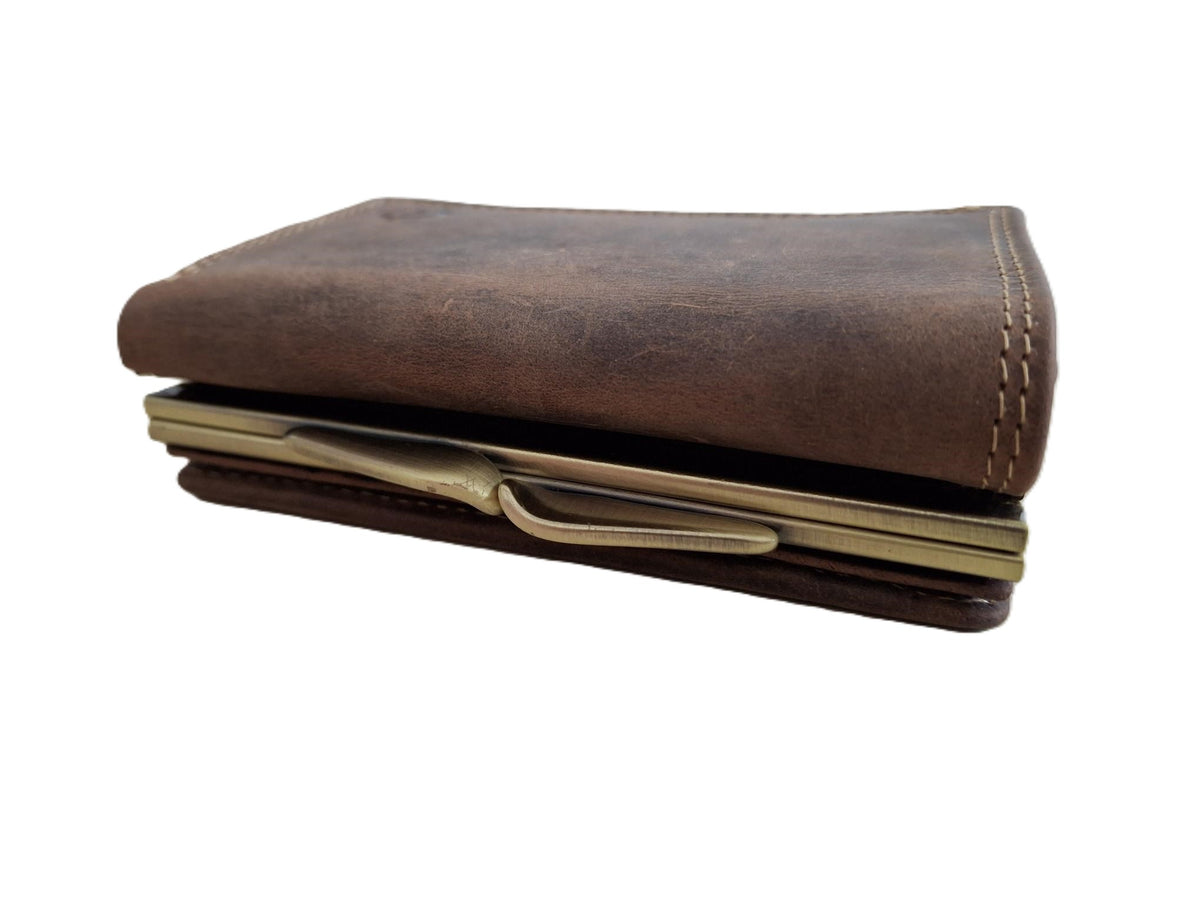 OI Hunter bruine lederen knipportemonnee medium voor veel pasjes / dames portemonnee met beugelsluiting / dames Trifold beurs met kleingeldvak met beugelsluiting / RFID SAFE / Hunter bruin / 158H