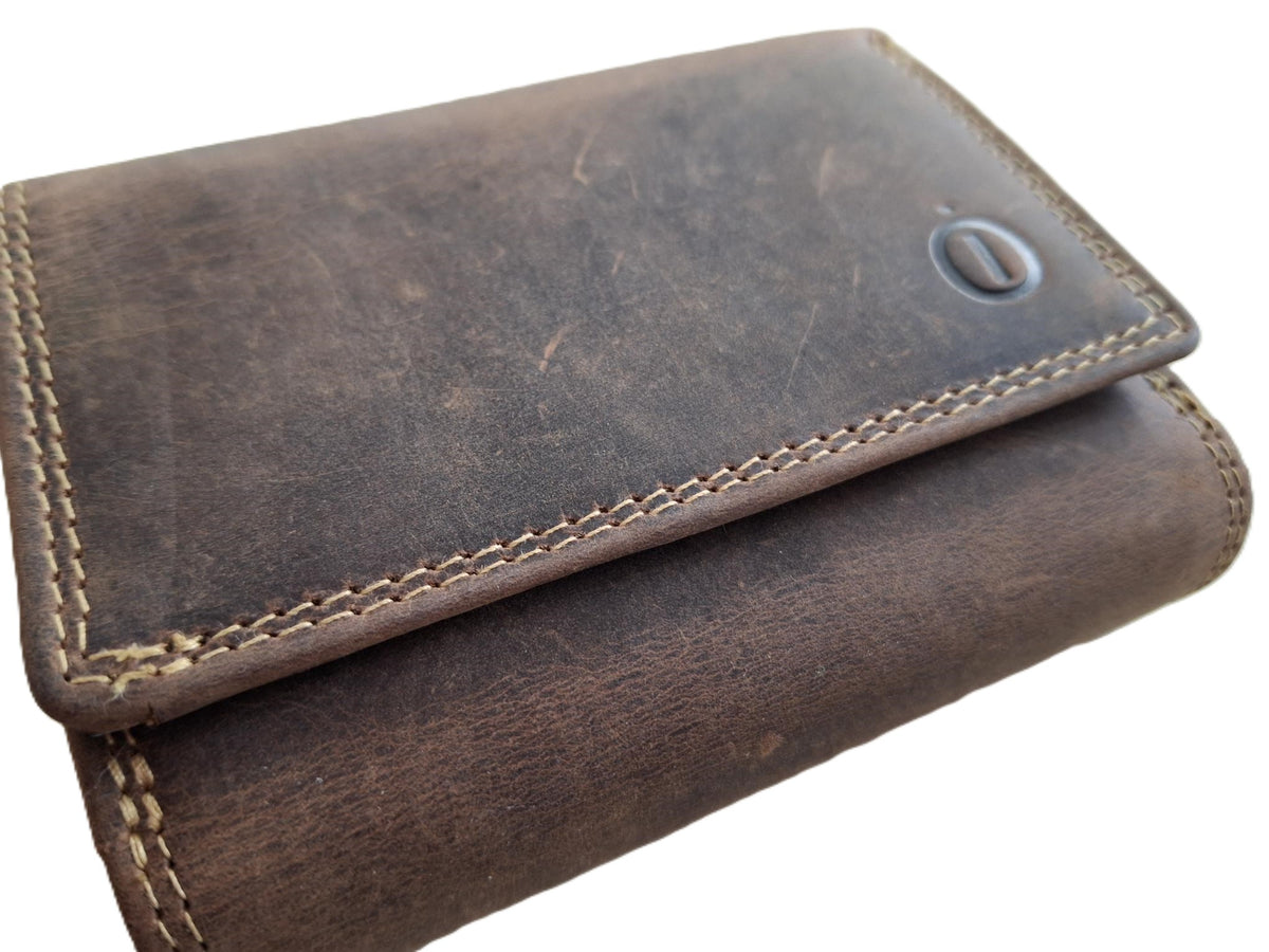 OI Hunter bruine lederen knipportemonnee medium voor veel pasjes / dames portemonnee met beugelsluiting / dames Trifold beurs met kleingeldvak met beugelsluiting / RFID SAFE / Hunter bruin / 158H