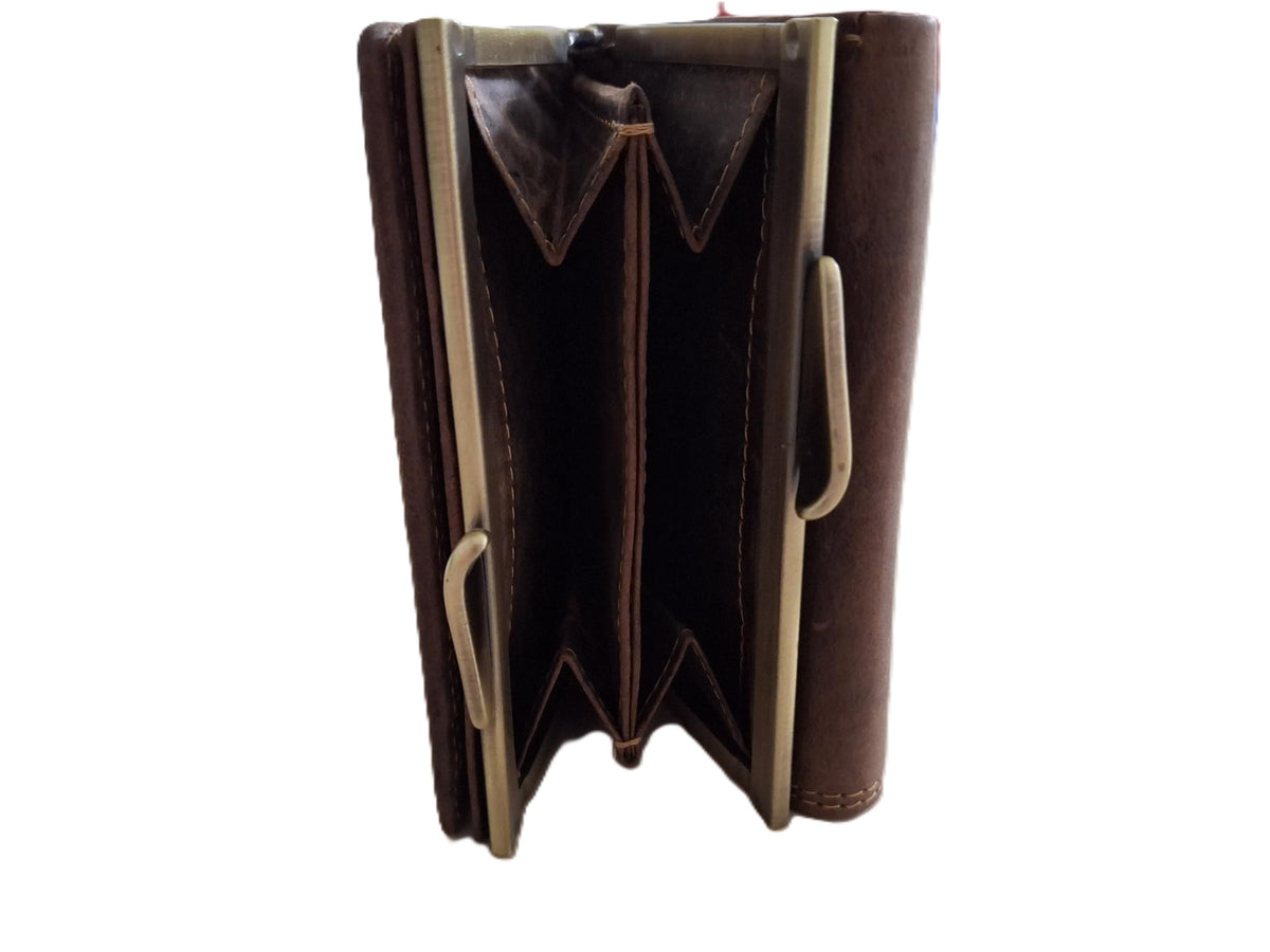 OI Hunter bruine lederen knipportemonnee medium voor veel pasjes / dames portemonnee met beugelsluiting / dames Trifold beurs met kleingeldvak met beugelsluiting / RFID SAFE / Hunter bruin / 158H