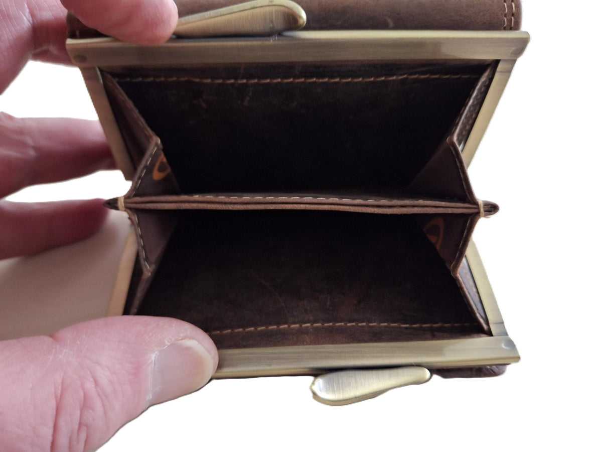OI Hunter bruine lederen knipportemonnee medium voor veel pasjes / dames portemonnee met beugelsluiting / dames Trifold beurs met kleingeldvak met beugelsluiting / RFID SAFE / Hunter bruin / 158H