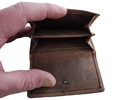 OI Hunter bruin lederen beursje / kleine Hunter bruine portemonnee tweezijdig / compact portemonneetje trifold / anti skim / bruin / 164H