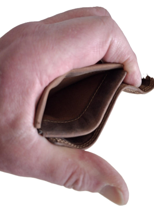 OI Hunter bruine leren combibeursje met dollarclip en klappertje / ouderwetse portemonnee met geldklem en knijpbeursje voor kleingeld / dollarclip compleet met ruimte voor pasjes en munten / anti skim / bruin / 172H