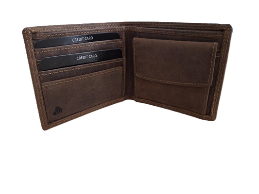 OI Hunter bruine leren heren portemonnee klein / kleinste model billfold waar biljetten in passen / plat beursje voor 4 pasjes / RFID SAFE / Hunter bruin / 183H