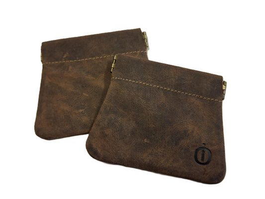OI Hunter bruine leren Klapportemonneetje 2 STUKS / klappertje voor kleingeld origineel / knijpbeursje voor muntgeld / bruin leer / 190H