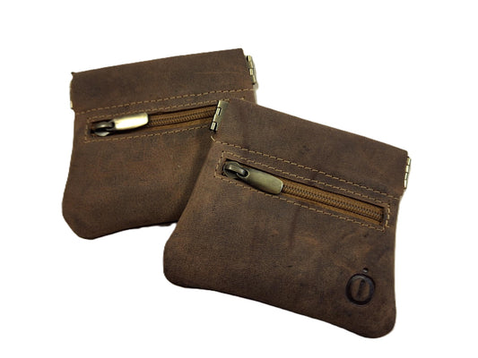 OI Hunter bruin leren Klapportemonneetje 2 STUKS / klappertje voor kleingeld + ritsje voorop / knijpbeursje voor muntgeld / bruin leer / 191H