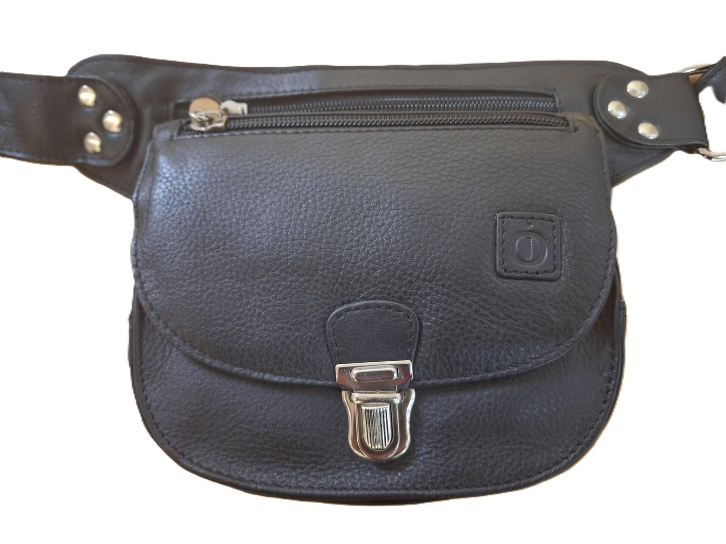 Oi zwart leren heuptasje halfrond / plat tasje voor om middel maar crossbody dragen is ook mogelijk / veilige heuptas afsluitbaar met schuifslot / zwart rundsleer / 323