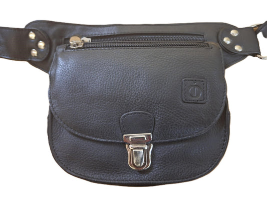Oi zwart leren heuptasje halfrond / plat tasje voor om middel maar crossbody dragen is ook mogelijk / veilige heuptas afsluitbaar met schuifslot / zwart rundsleer / 323