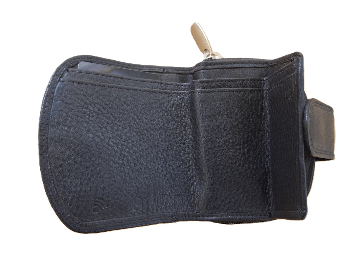 Oi zwarte lederen dames portemonnee met rits / klein half rond beursje afsluitbaar en met ruim ritsvak / compacte halve maan portemonnee / RFID safe / zwart leer / 273