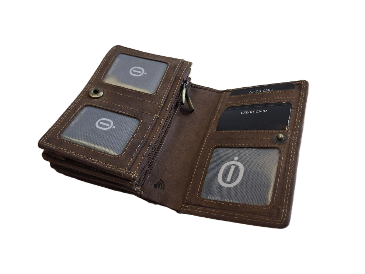 Oi Hunter bruine leren Europortemonnee Kort / harmonica portemonnee compact / overslag beurs met soufflé / beveiligd tegen skimmen / bruin leer / 300H