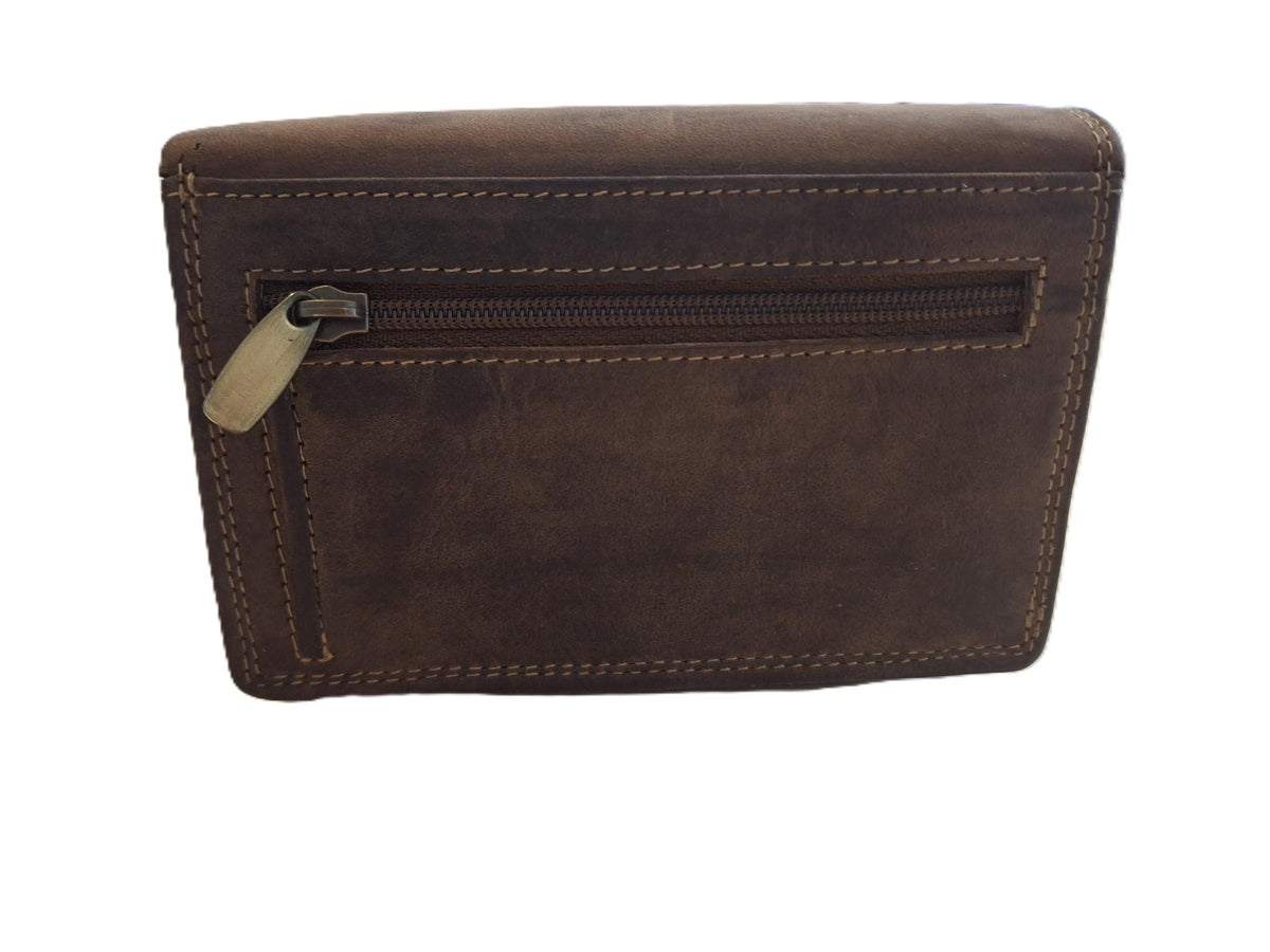 Oi Hunter bruine leren Europortemonnee Kort / harmonica portemonnee compact / overslag beurs met soufflé / beveiligd tegen skimmen / bruin leer / 300H