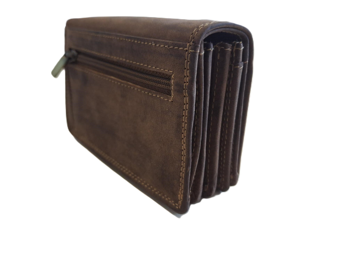 Oi Hunter bruine leren Europortemonnee Kort / harmonica portemonnee compact / overslag beurs met soufflé / beveiligd tegen skimmen / bruin leer / 300H