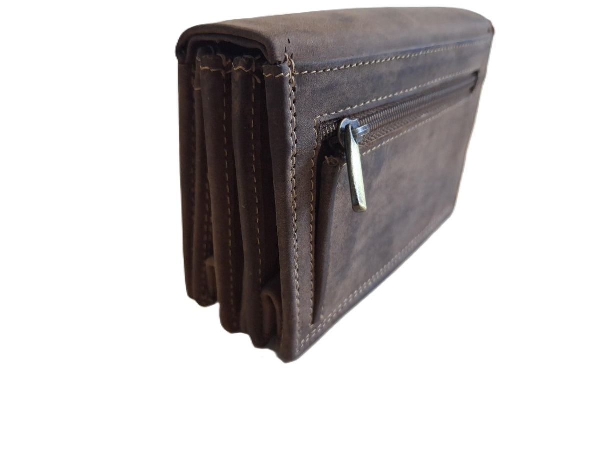 Oi Hunter bruine leren Europortemonnee Kort / harmonica portemonnee compact / overslag beurs met soufflé / beveiligd tegen skimmen / bruin leer / 300H
