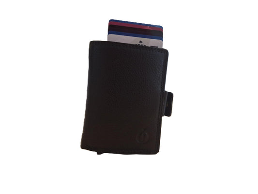 Oi zwarte leren portemonnee met dubbele figuretta Cardprotector / compacte beurs met dubbele metalen pasjeshouder / 2 anti skim kastjes in kleine portemonnee / zwart leer / 535A