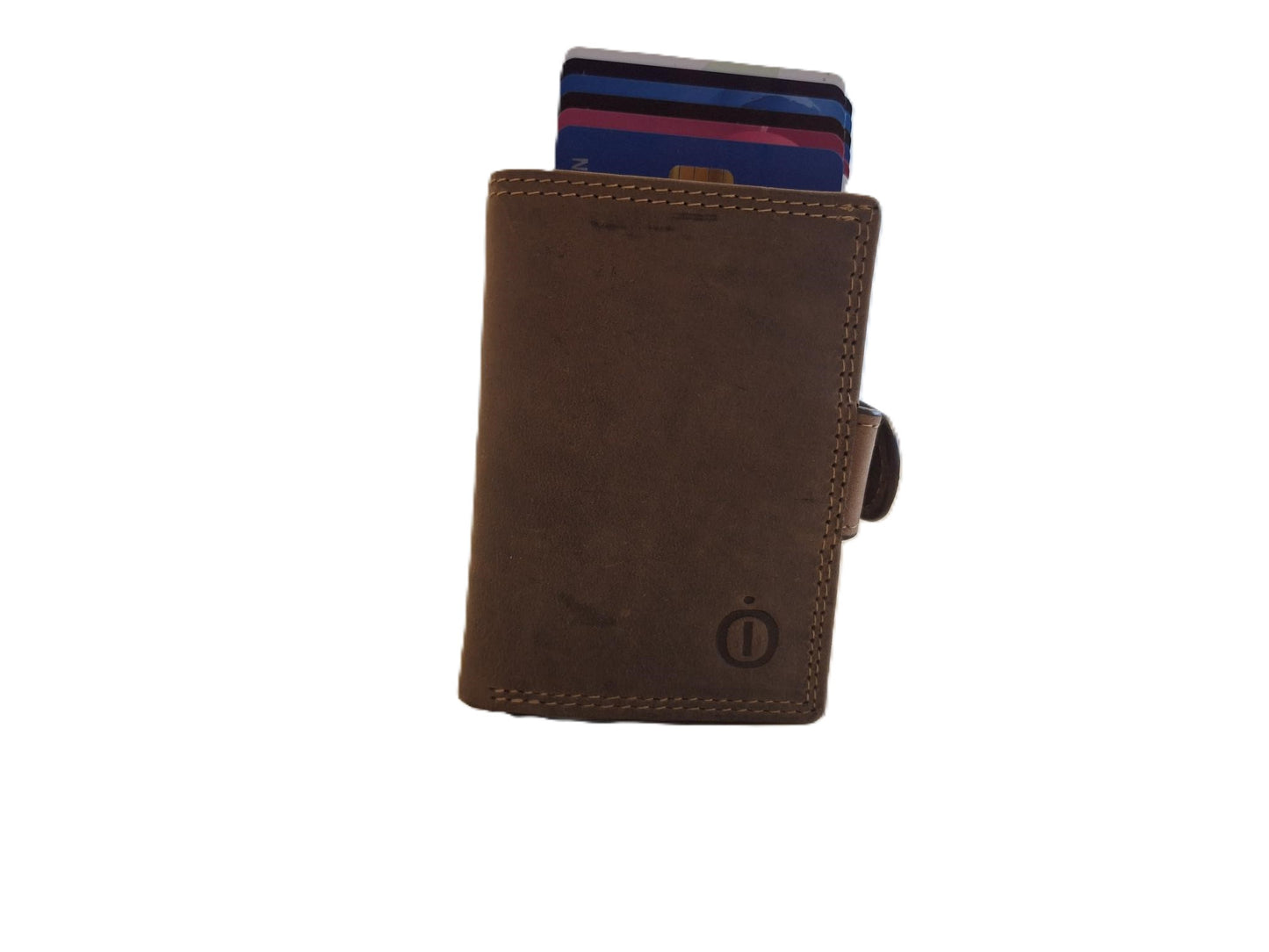 Oi Hunter bruine leren portemonnee met dubbele figuretta Cardprotector / compacte beurs met dubbele metalen pasjeshouder / 2 anti skim kastjes in kleine portemonnee / Hunter bruin leer / 535AH