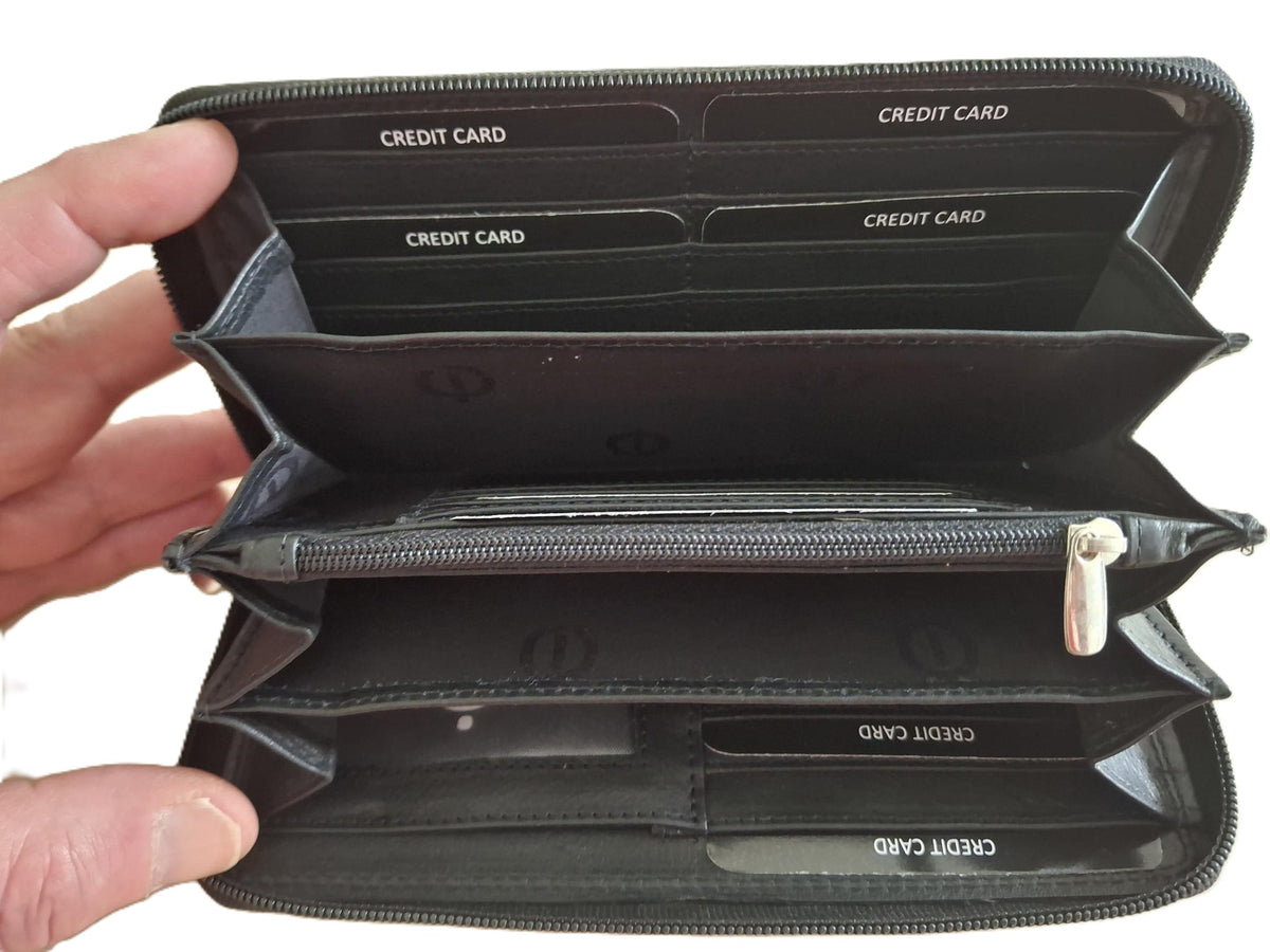 Oi zwarte leren rits portemonnee met rits op de achterkant groot model / lange damesbeurs met rits afgesloten / ruime openklap ritsportemonnee voor veel pasjes / RFID SAFE / zwart leer / 434