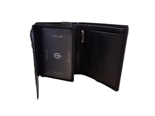 Oi zwarte lederen herenportemonnee / hoog model billfold met 2 grote zichtvakken  / herenbeurs voor veel pasjes met lipje binnenin / anti skim / zwart leer / 566