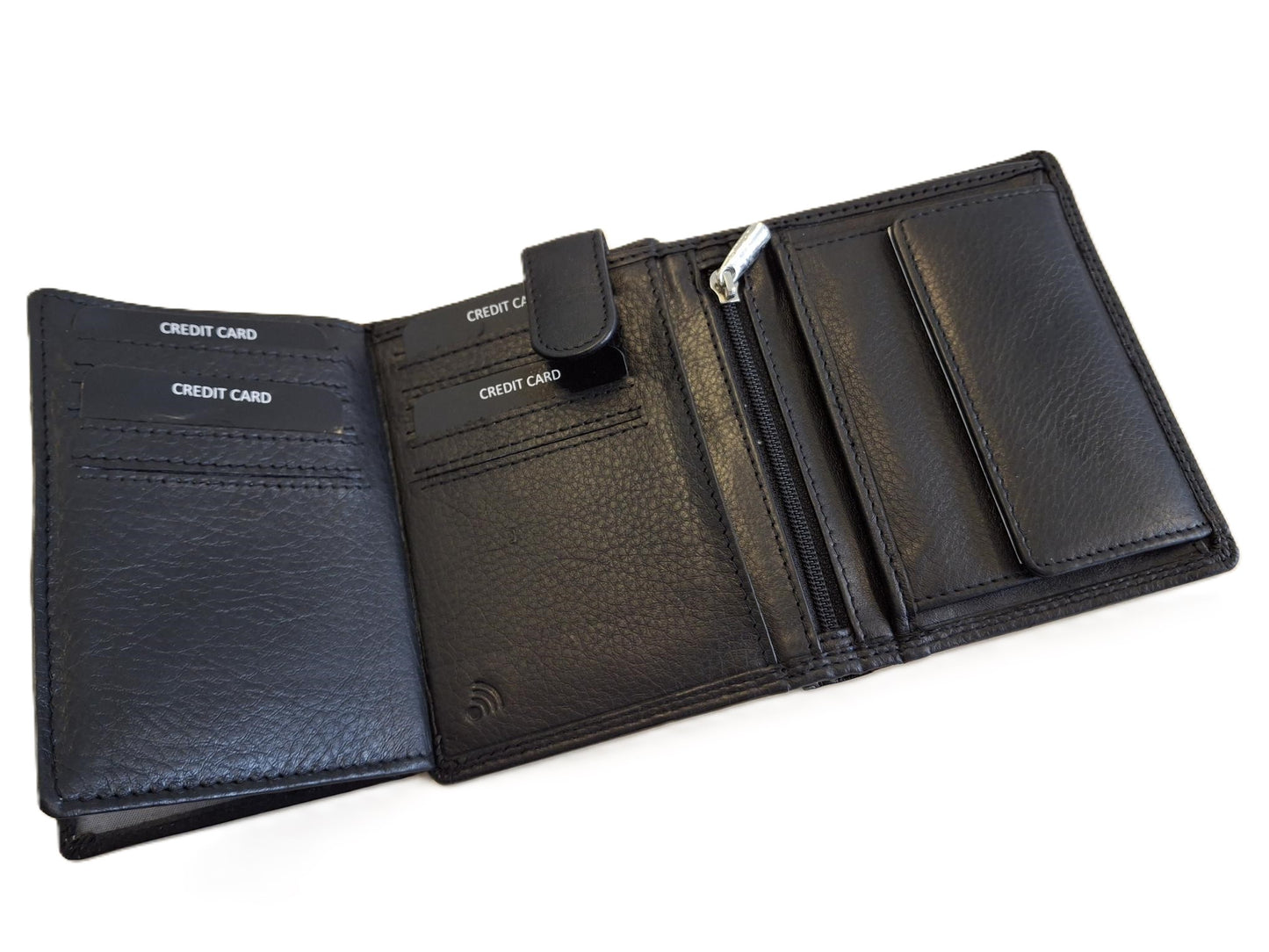 Oi zwarte lederen herenportemonnee / hoog model billfold met 2 grote zichtvakken  / herenbeurs voor veel pasjes met lipje binnenin / anti skim / zwart leer / 566