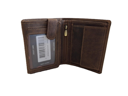 Oi Hunter bruine lederen herenportemonnee / hoog model billfold met 2 grote zichtvakken  / herenbeurs voor veel pasjes met lipje binnenin / anti skim / bruin leer / 566H