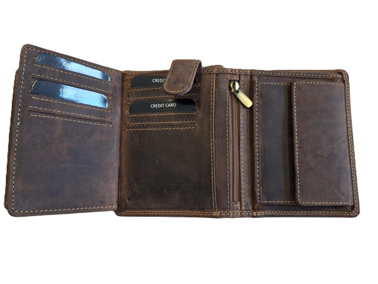 Oi Hunter bruine lederen herenportemonnee / hoog model billfold met 2 grote zichtvakken  / herenbeurs voor veel pasjes met lipje binnenin / anti skim / bruin leer / 566H