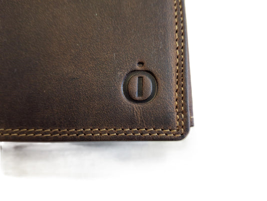 OI Hunter bruine lederen portemonnee dun / platte heren billfold klep omhoog / dunne herenbeurs met groot zichtvenster / Anti skim / bruin leer / 113H