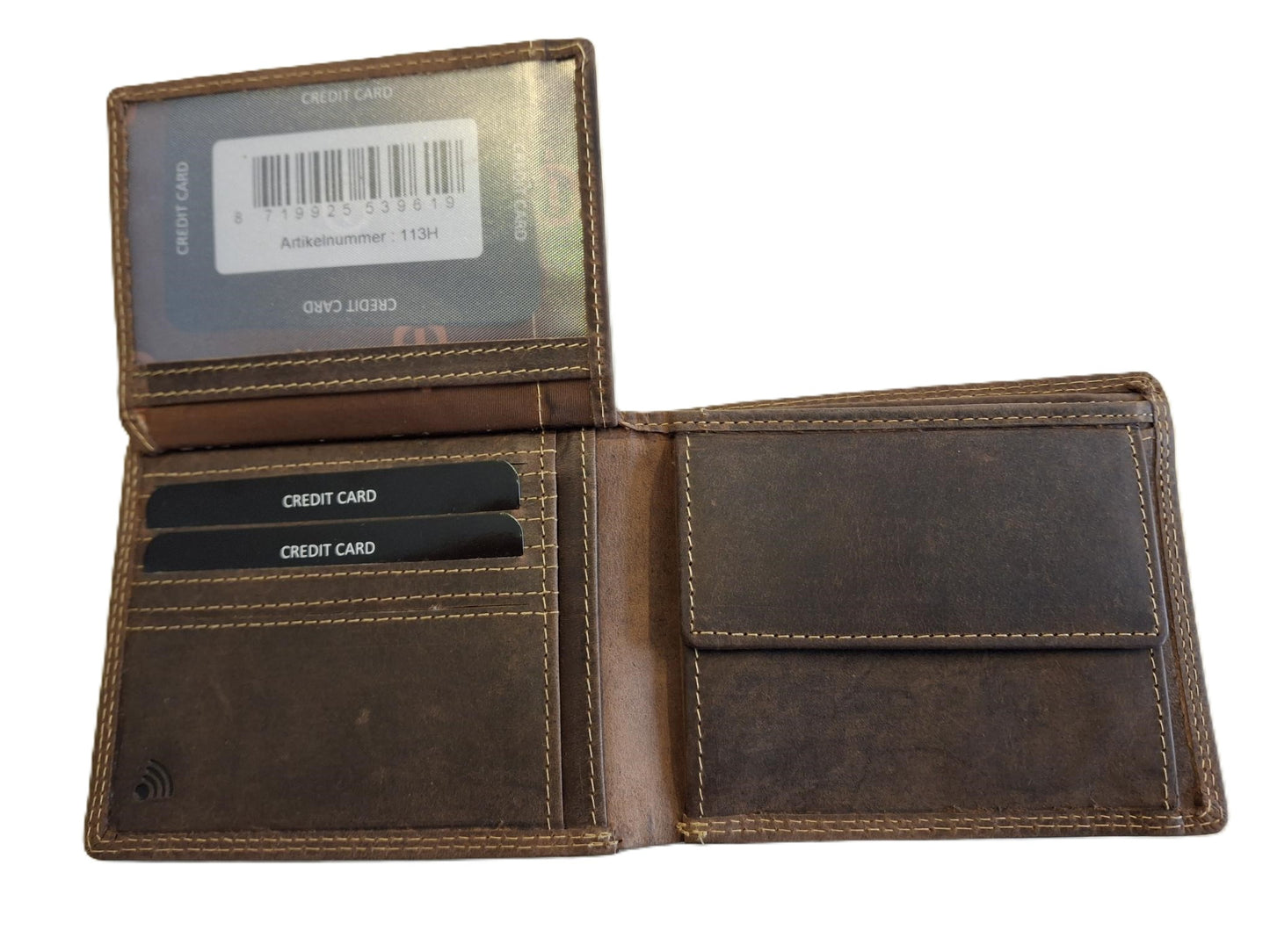 OI Hunter bruine lederen portemonnee dun / platte heren billfold klep omhoog / dunne herenbeurs met groot zichtvenster / Anti skim / bruin leer / 113H