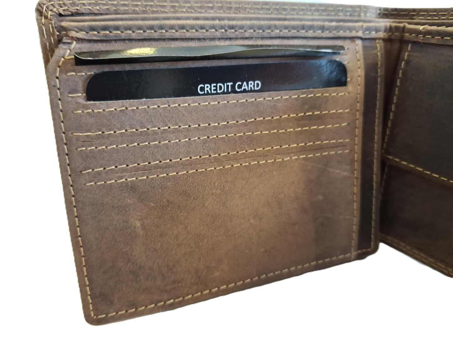 OI Hunter bruine lederen portemonnee dun / platte heren billfold klep omhoog / dunne herenbeurs met groot zichtvenster / Anti skim / bruin leer / 113H