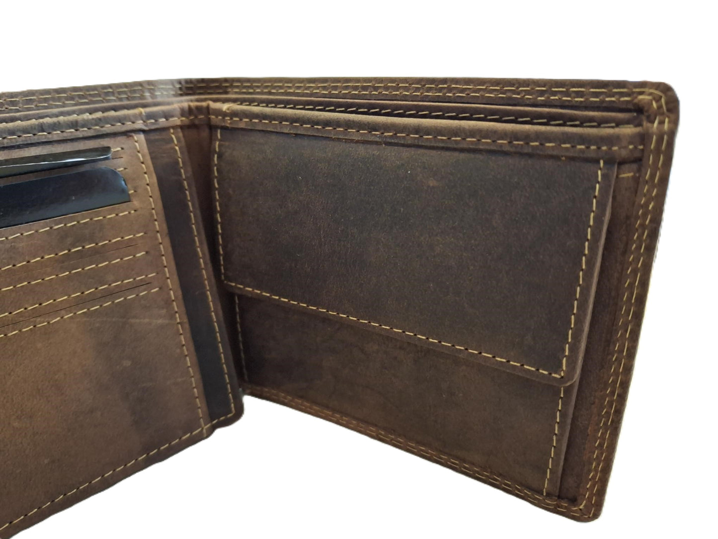 OI Hunter bruine lederen portemonnee dun / platte heren billfold klep omhoog / dunne herenbeurs met groot zichtvenster / Anti skim / bruin leer / 113H