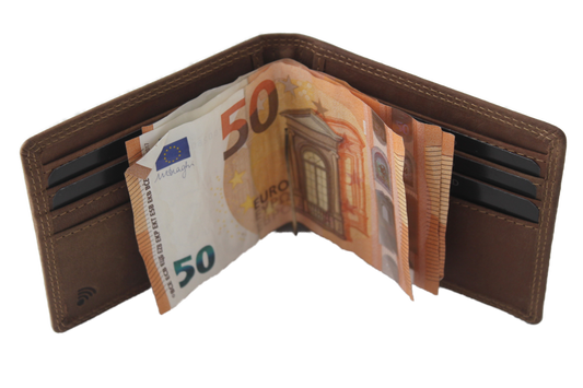 OI Hunter bruine lederen billfold met Dollarclip / portemonnee met geldklem en ruimte voor creditcards / platte heren beurs met dollarclip en pasjesvakjes / anti skim / bruin / 170H
