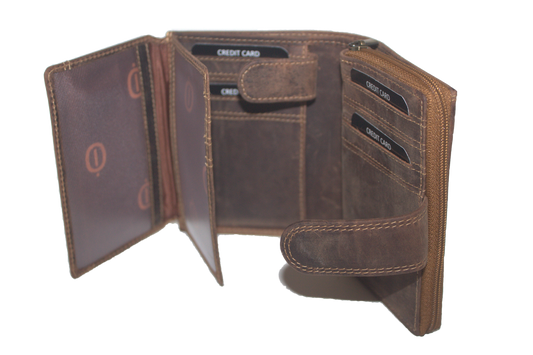 Oi Hunter bruine leren rits portemonnee voor veel pasjes / afsluitbare beurs met ritsvak voor kleingeld / compacte portemonnee met ruim vak voor muntgeld / RFID SAFE / bruin leer / 339H