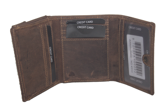 Oi Hunter bruine leren mini overslag beursje / compact portemonneetje voor dames of heren / compact drie-luik portemonneetje / kleine trifold portemonnee / RFID safe / bruin leer / 431H