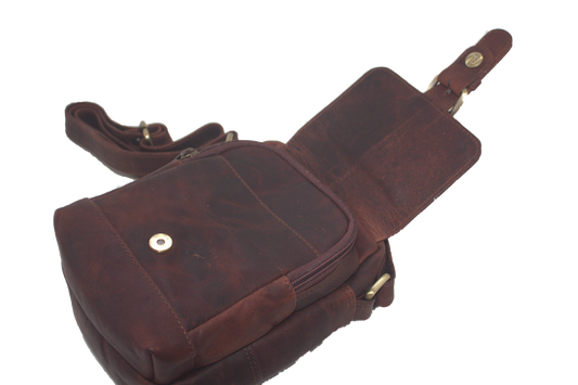 Oi Bordeaux-rode leren Schoudertas / stoere herentas of damestas met rits en klep / robuuste compacte tas om om te hangen ook cross te dragen / bordo bruin rundleer / 502Cognac