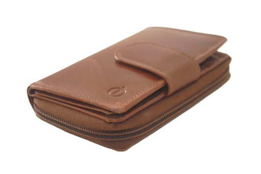 Luxe lederen ritsportemonnee / hoog model billfold middel met rits / RFID safe 222 Crunch Cognac