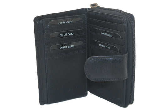 Luxe lederen ritsportemonnee / hoog model middel met rits / RFID safe 222 Crunch  Zwart