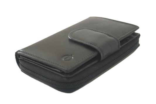 Luxe lederen ritsportemonnee / hoog model middel met rits / RFID safe 222 Crunch  Zwart